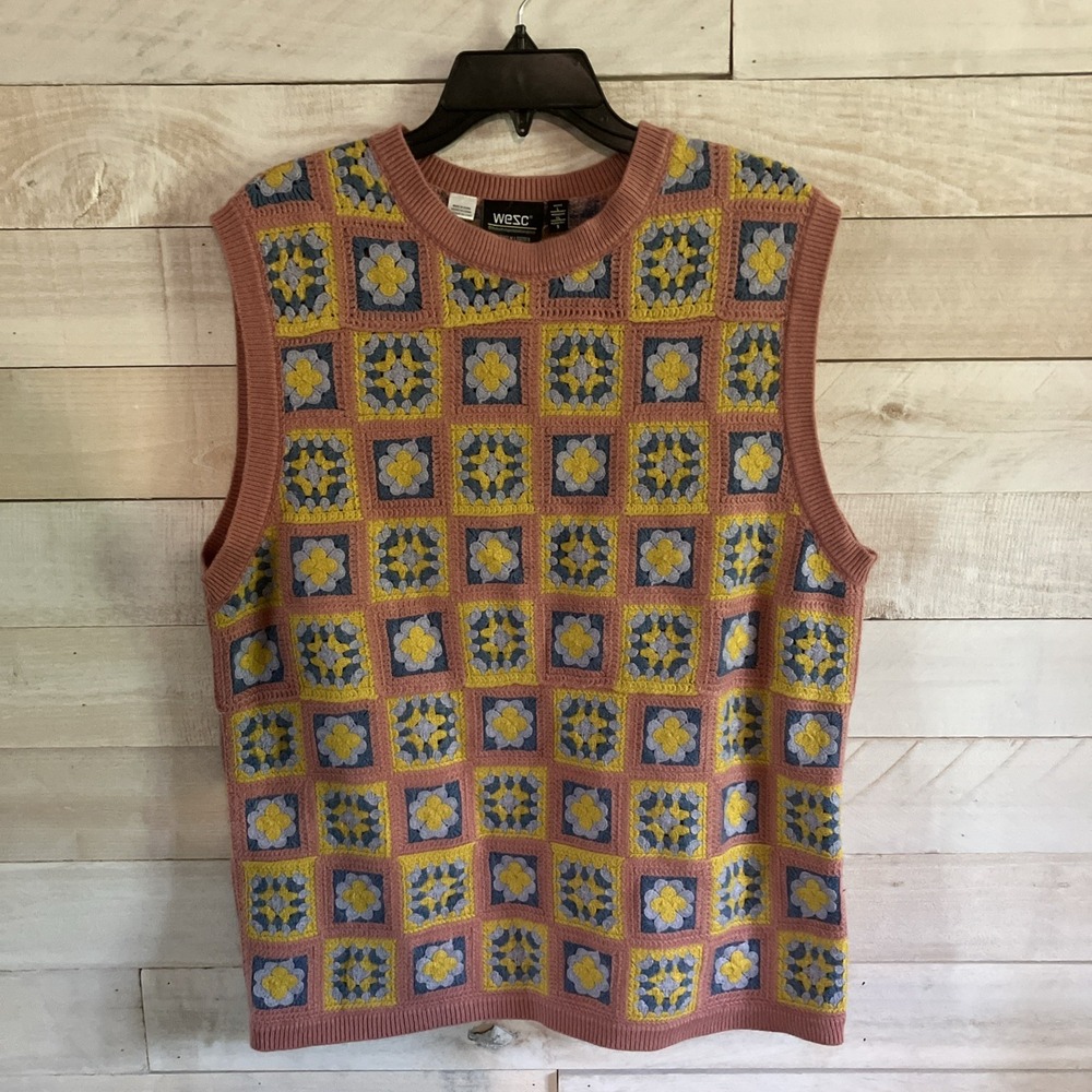 WESC Pink/Yellow Crochet Granny Square Knit Vest Mens L Womens XL Grandma Boho